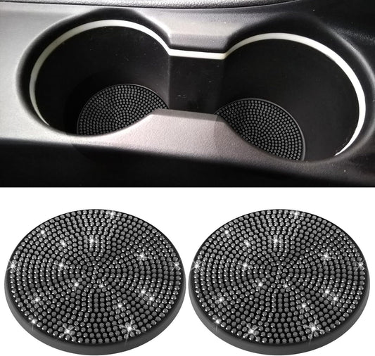 2 Pack Car Cup Holder Coaster,Fashion Anti-Slip Shockproof Universal Vehicle Cup Holders Coasters Insert Bling Crystal Rhinestone Auto Automotive Interior Accessories for Women (Black)