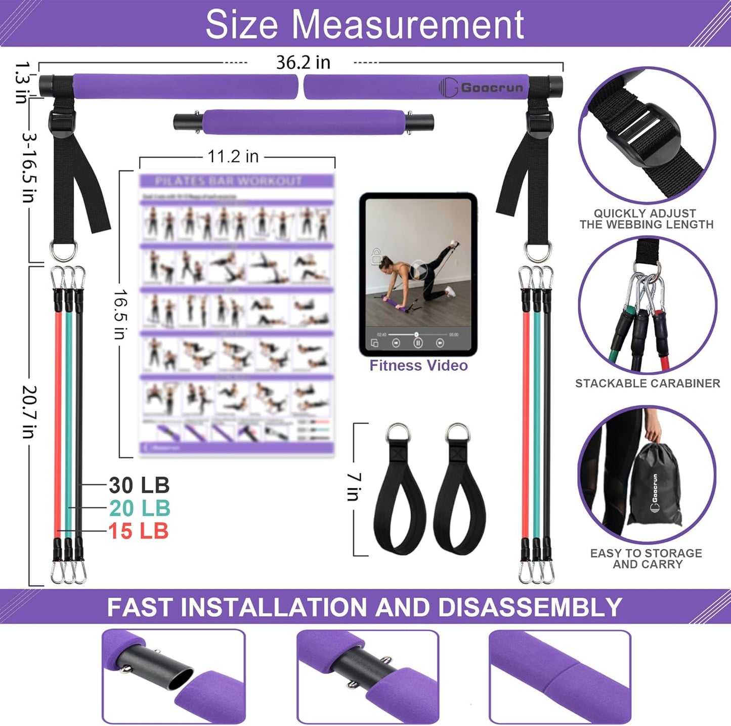 Goocrun Portable Pilates Bar Kit with Resistance Bands - 3 Set Exercise Bands - Home Gym, Workout Kit for Body Toning – with Fitness Poster and Video