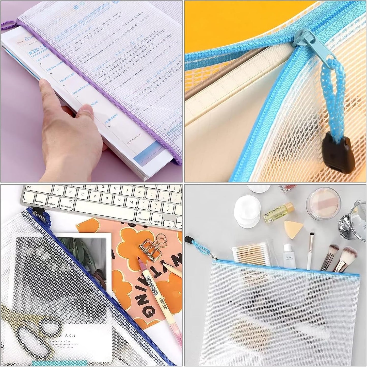 YSHIGUING 24pcs Mesh Zipper Pouch Bags Multipurpose Waterproof Zipper Bags Document Bag with 8 Different Sizes,Plastic Zipper Bags for Organizing,Office, Travel, Home Board Game Storage