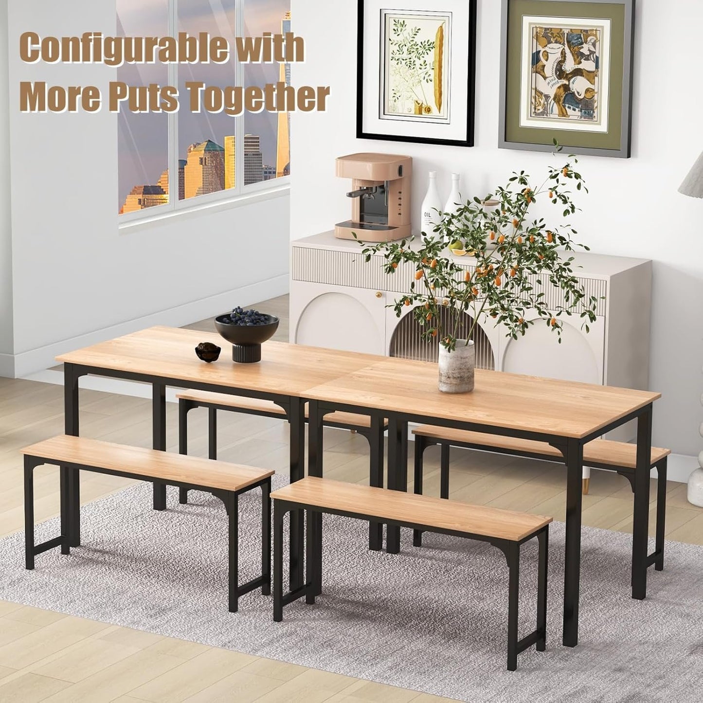 Nafort 3-Piece Dining Table with Benches, Modern Wood Kitchen Table & Benches Set for 4-6 Person, Metal Frame & Wood Tabletop Kitchen Dining Room Furniture Set, Natural &Black