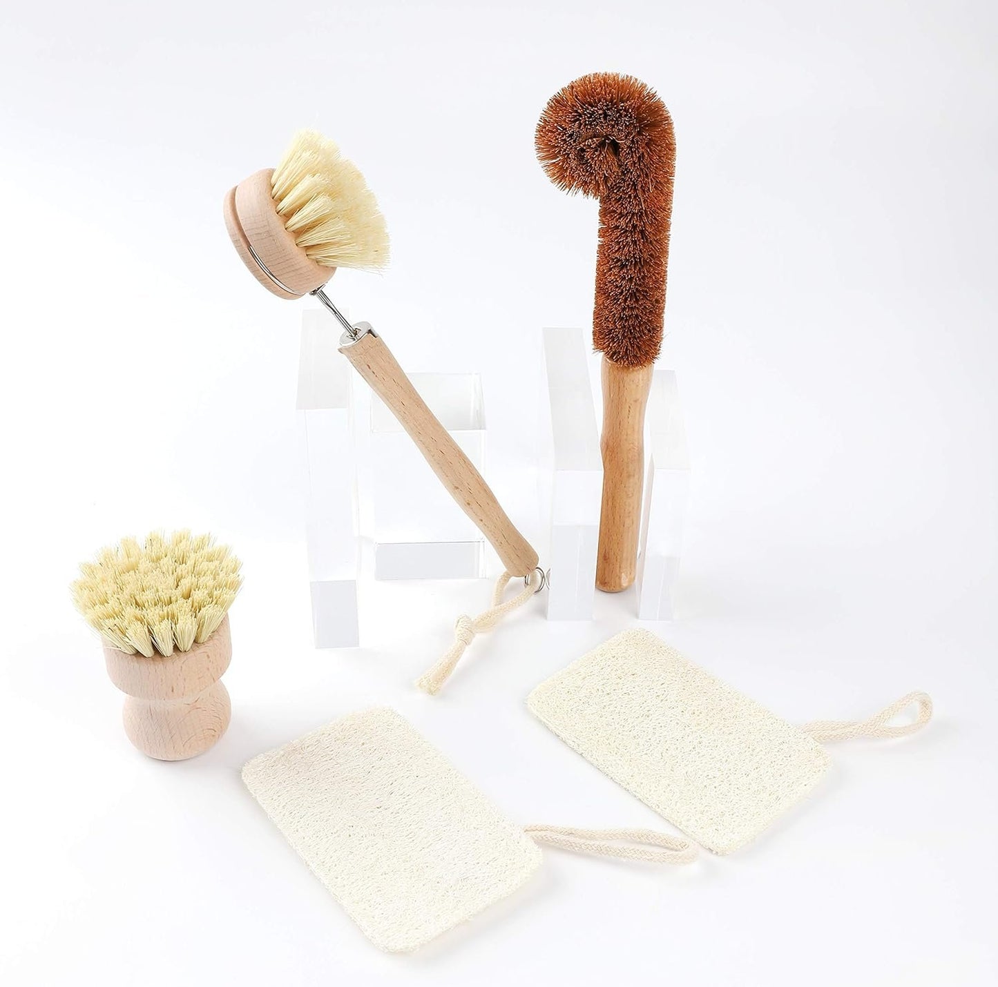 TXV Mart Eco-Friendly Natural Wooden Kitchen Cleaning Brush Set, 5 Piece, Wooden Dish Cleaning Brush Set, Loofah Dish Sponges, Dish and Bottle Scrubber Brushes