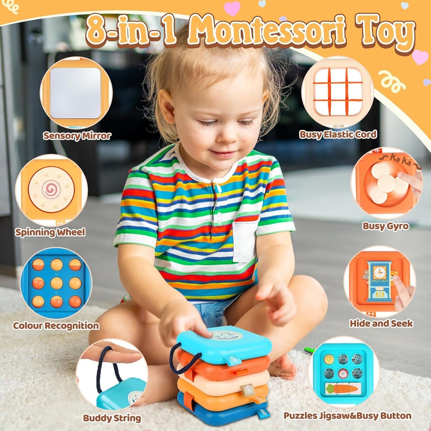 ZCOINS Montessori Busy Activity Cube Board Toys for Baby Toddler 1 2 3 Year Old, 8 in 1 Learning & Education Cube for Baby Plane Travel, Sensory Early Development Toys for Boys Girls Christmas