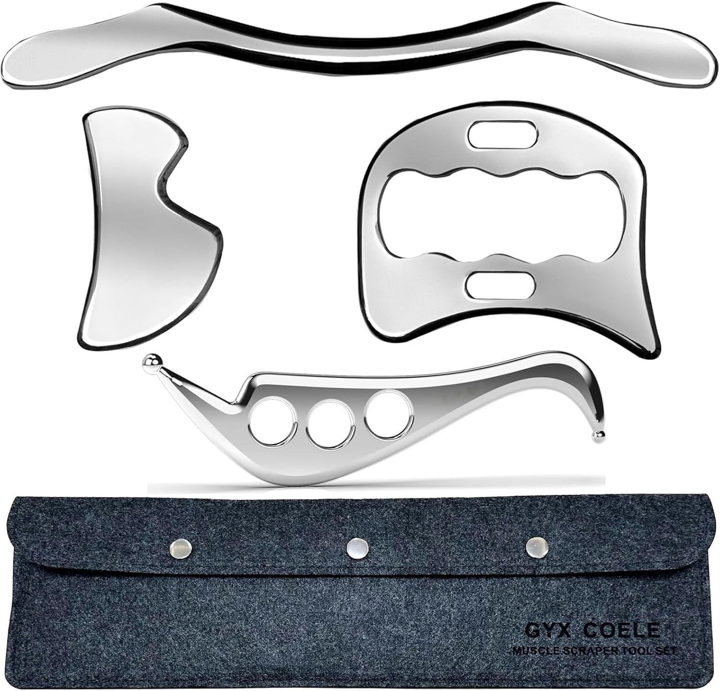 GYX COELE 4 IN 1 Muscle Scraper Tool Set, Stainless Steel IASTM Massage Tools with Storage Case, 4-Piece Physical Therapy Kit