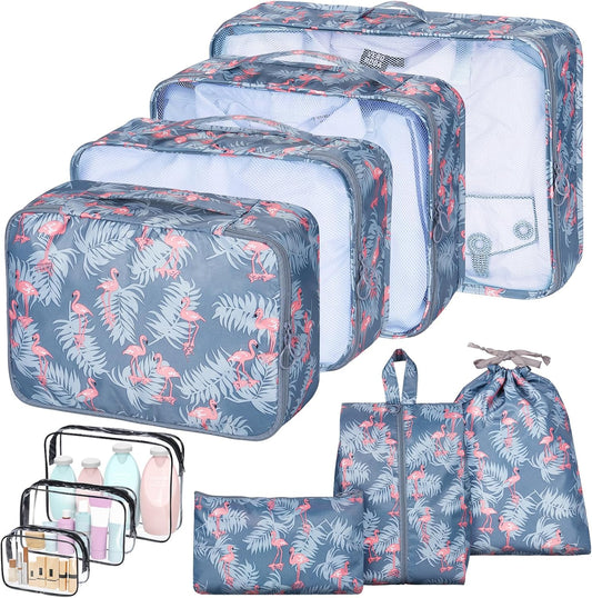 sprecenk Travel Suitcase Organizer 10 Pieces, Large Capacity Travel Organizer Packing Cubes Lightweight Organizer Suitcase Cubes Travel Cube for Clothes Underwear, Flamingo Grey