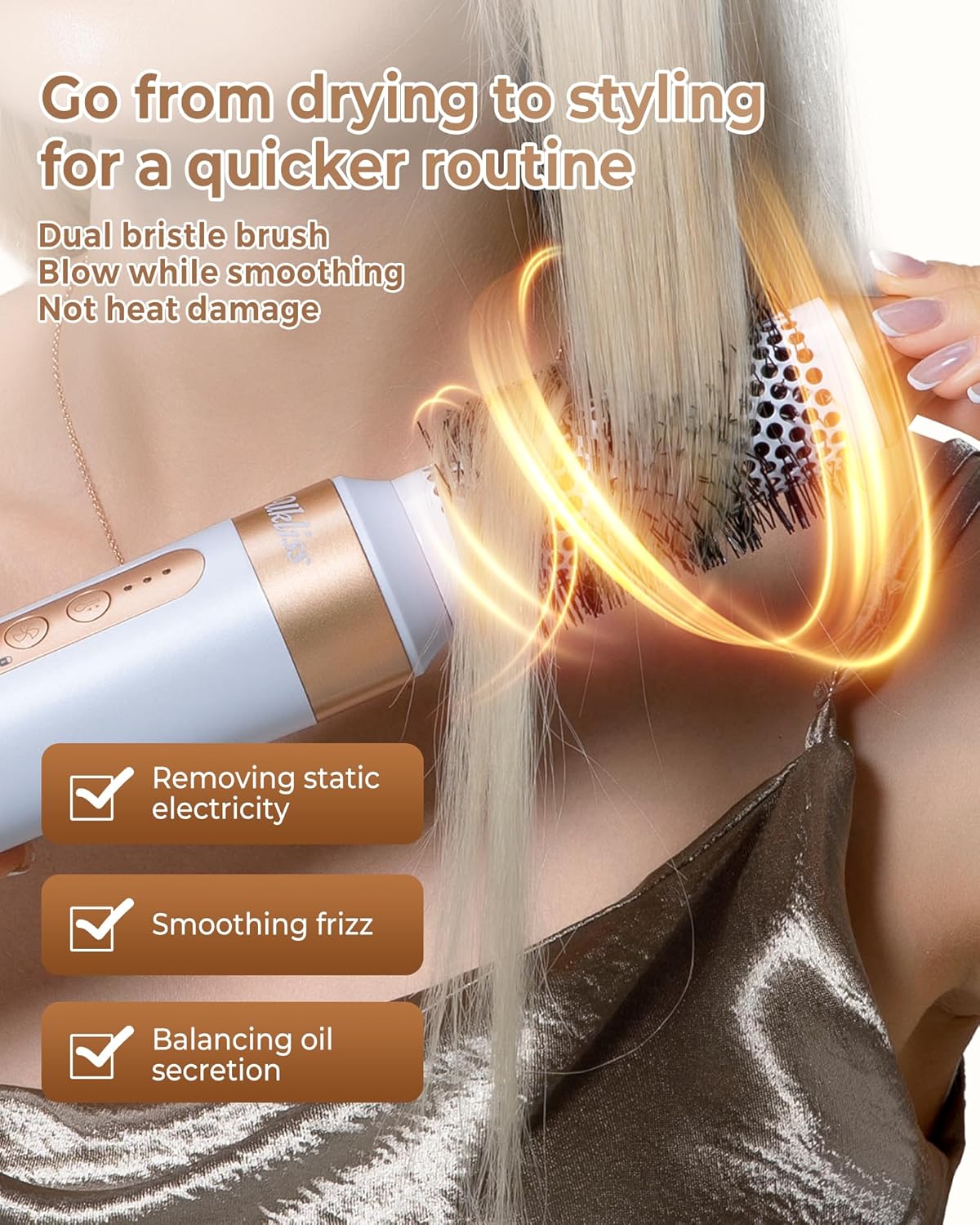 Hair Dryer Brush 7 in 1,110000 RPM Hot Air Brush Hair Styler for Curly Straight & Twisted Hair Professional Ionic Brush Blow Dryer for Salon-Quality Styling, White Gold