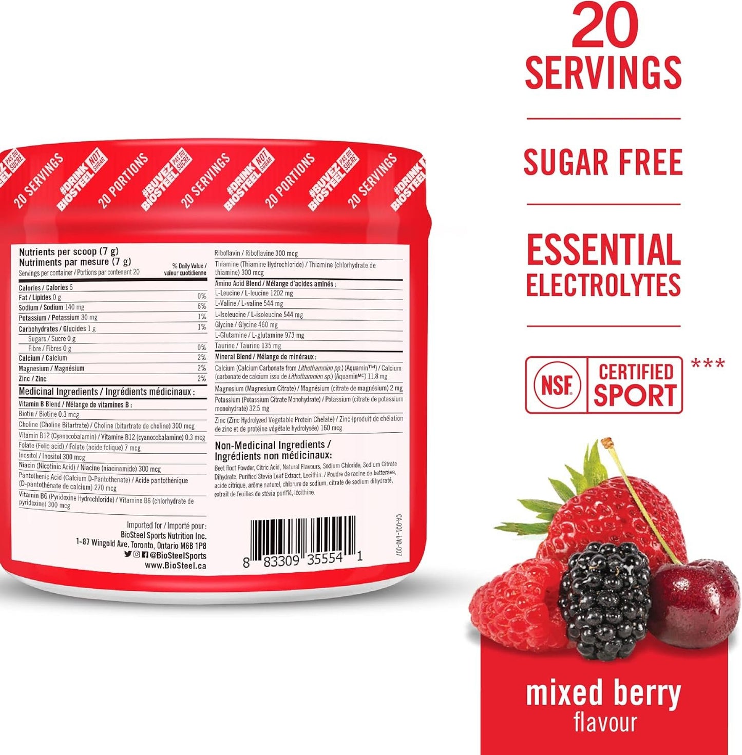 BioSteel Hydration Mix Mixed Berry + Lemon Lime Bundle (20 Servings each), Zero Sugar Hydration Drink Mixes