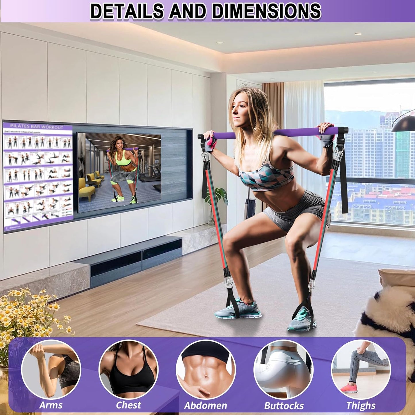 Goocrun Portable Pilates Bar Kit with Resistance Bands - 3 Set Exercise Bands - Home Gym, Workout Kit for Body Toning – with Fitness Poster and Video