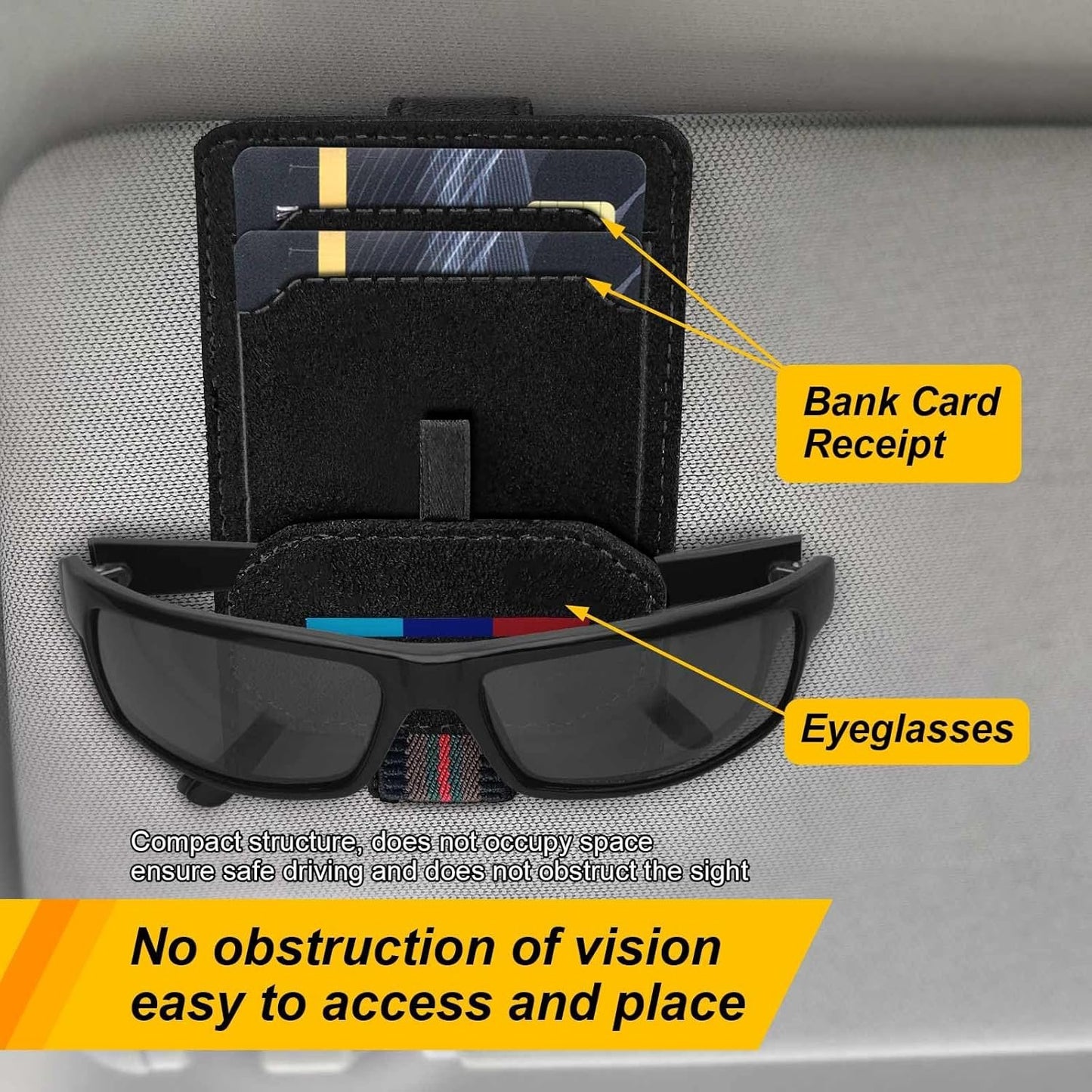 BREENHILL Magnetic Car Visor Sunglasses Holder, Leather Card and Ticket Clip, Interior Accessory,Suitable for Different Size Eyeglasses (Black)