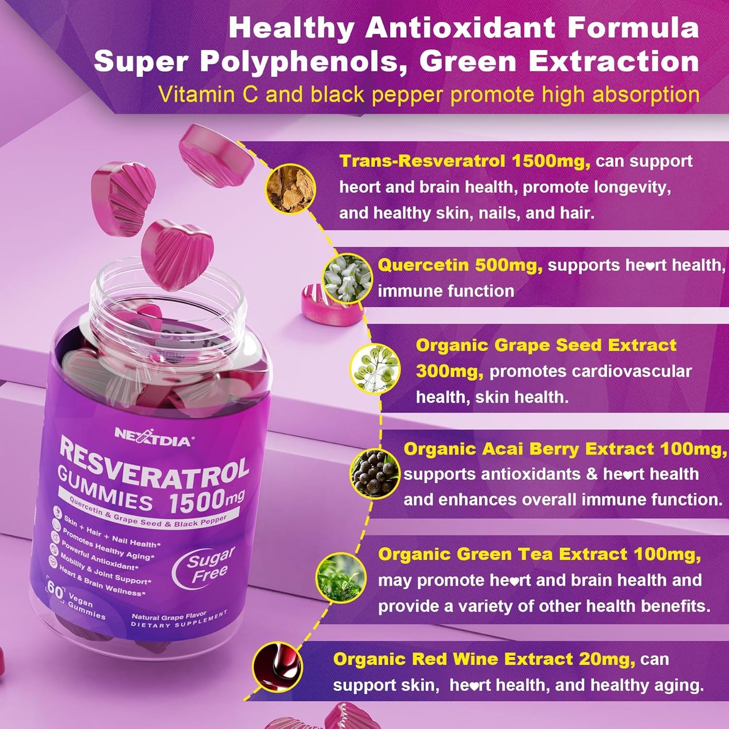 Resveratrol Gummies 1500mg - Made in USA - Sugar Free Resveratrol Supplement with Quercetin, Grape Seed, Acai Berries Extracts Support Antioxidant, Healthy Aging & longevity, Skin, Brain Wellness - 1P