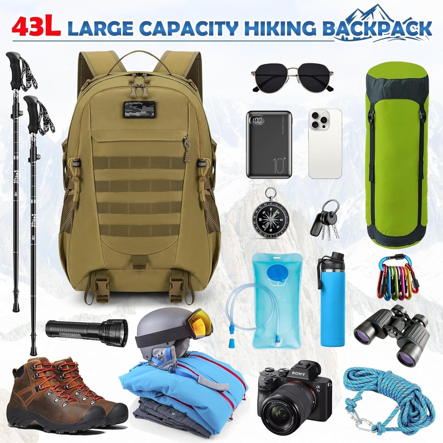 RAINSMORE Tactical Backpack 43L Hiking Camping Backpack Military Rucksack Large Army Molle Survival Backpack Outdoor Daypack