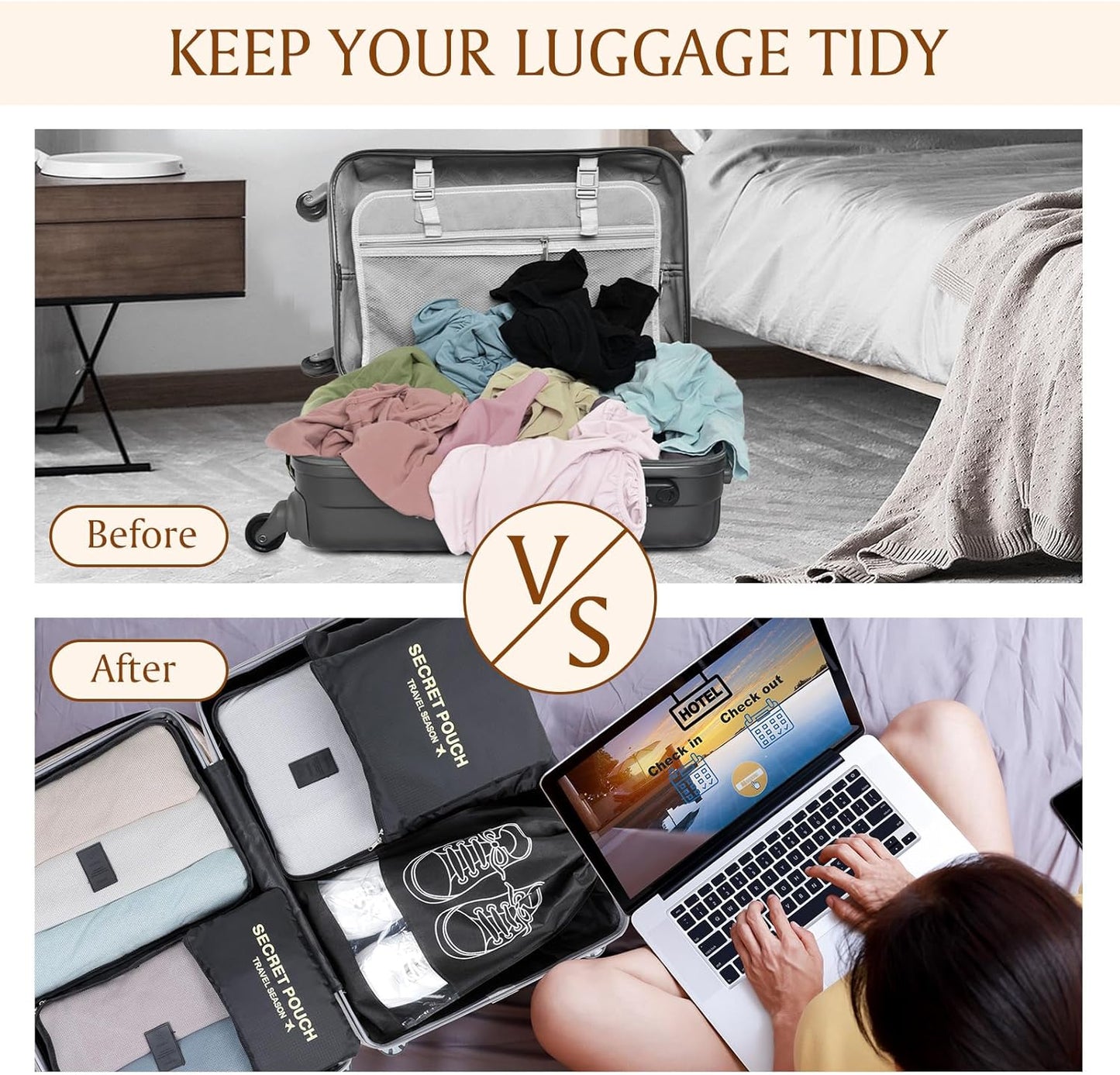 AiQInu 8 Pieces Organizer Suitcase Set, Packing Cubes, Travel Organizer, Sacks Suitcase