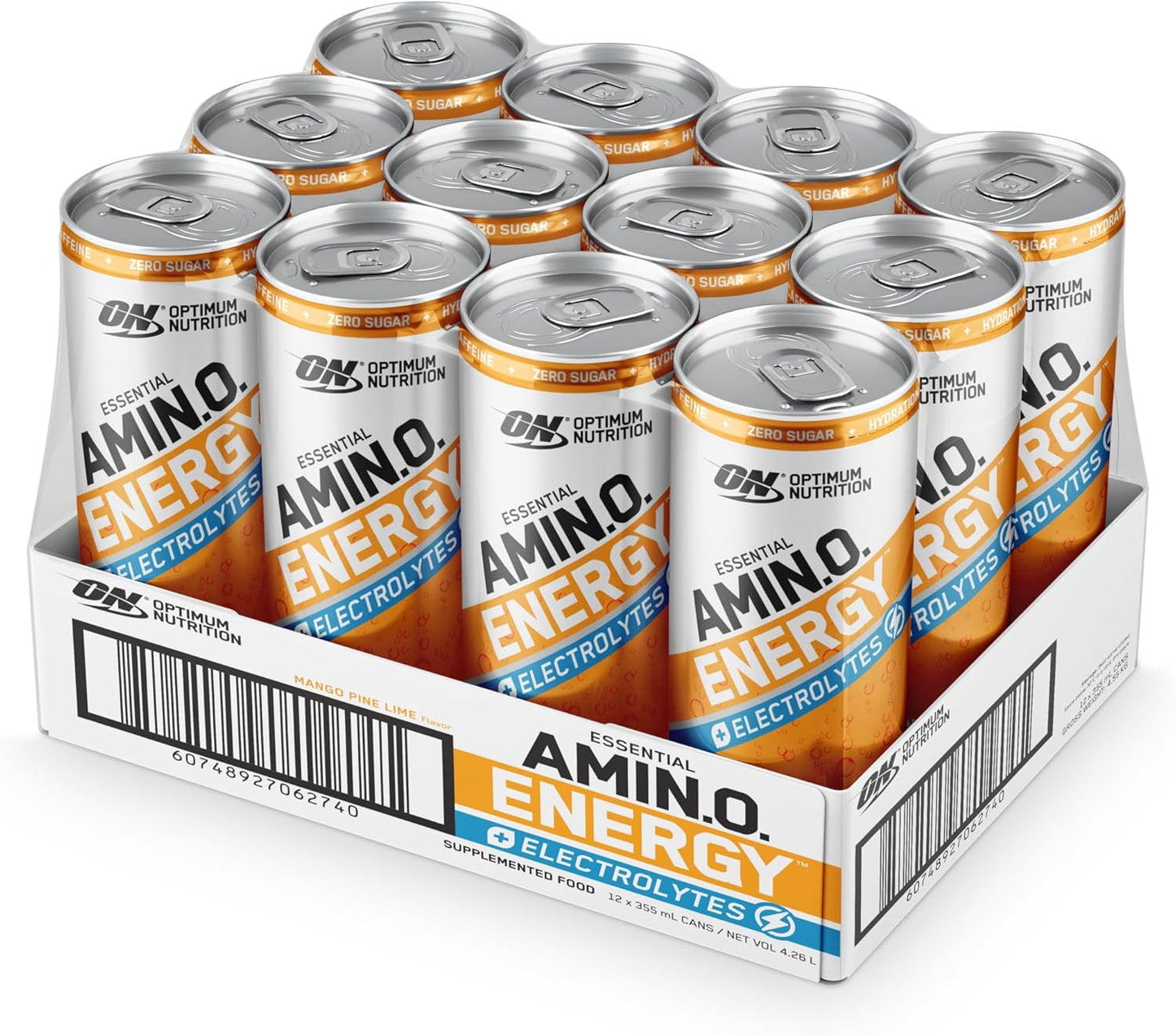 OPTIMUM NUTRITION Amino Energy + Electrolytes Sparkling Hydration Drink, Mango Pinelime Flavour, 355ml, 12 Pack