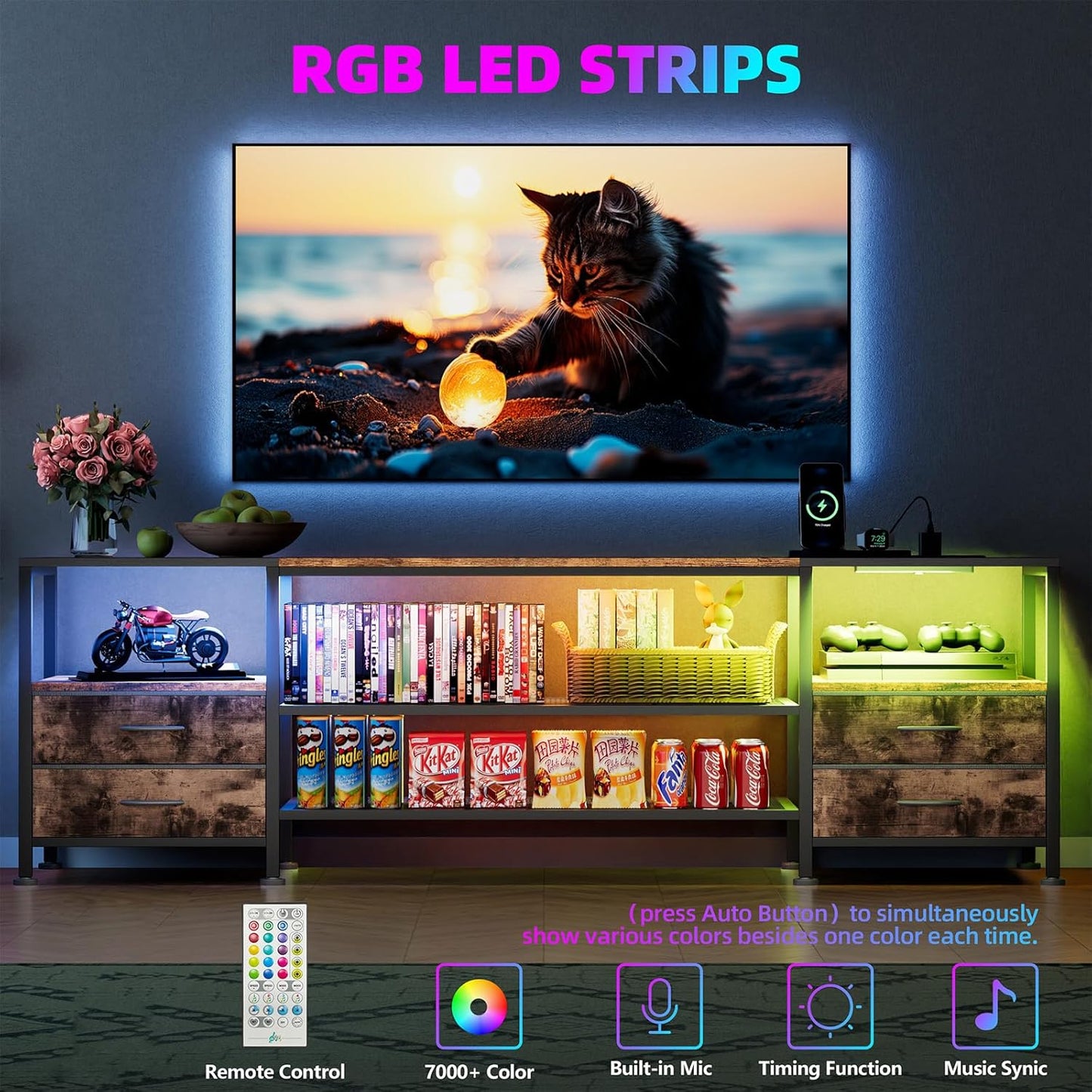Chleby Fabric Dresser with 4 Drawers TV Cabinet Fabric and Leather with Socket and LED Light Strip Fabric Chest of Drawers for Living Room, Bedroom, Children's Room, Brown