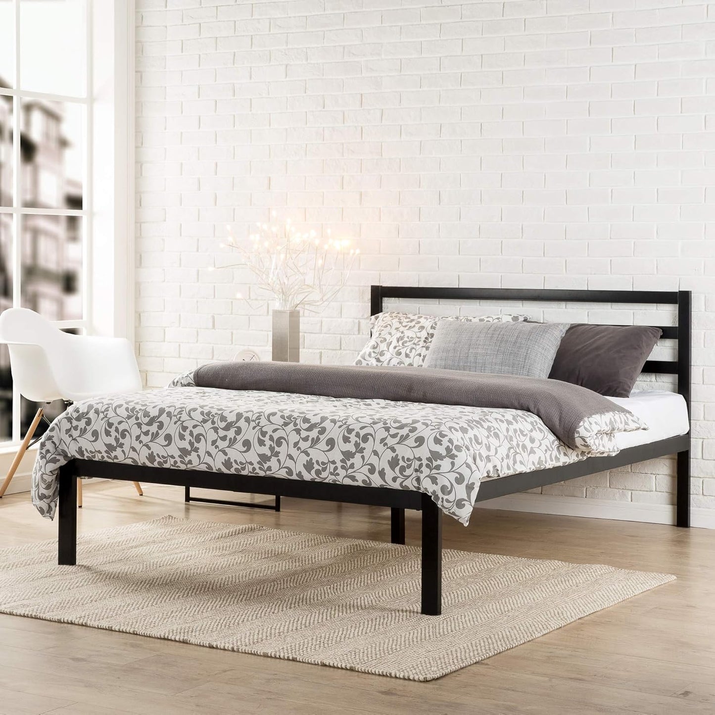 Zinus Mia Single Black Bed Frame Modern Metal Steel Headboard Furniture Mattress Platform with Under Bed Storage, Black