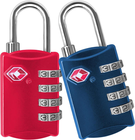 Desired Tools TSA Locks for Luggage, 2-Pc Durable Steel Padlock, Keyless Easy to Read 4-Digit Combination Lock for Backpacks, Travel Suitcases, Toolbox, Filing Cabinets, Baggage & Gym Locker, Red/Blue
