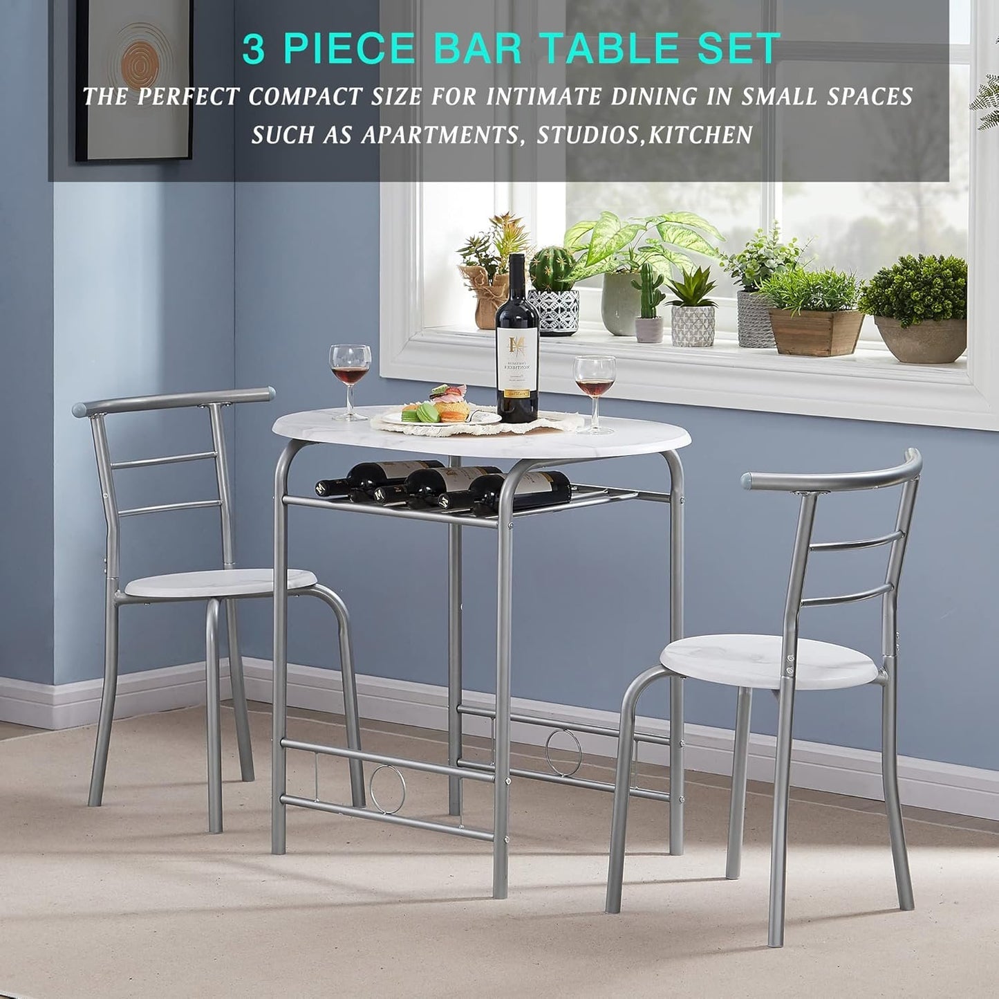 VECELO 3 Piece Small Round Dining Table Set for Kitchen Breakfast Nook, Wood Grain Tabletop with Wine Storage Rack, Save Space, 31.5", White & Silver