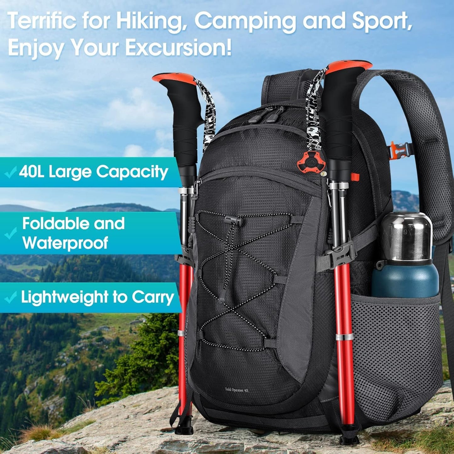 40L Hiking Backpacks, Packable Travel Backpack, Water Resistant Lightweight Foldable Daypack for Outdoor Hiking Climbing
