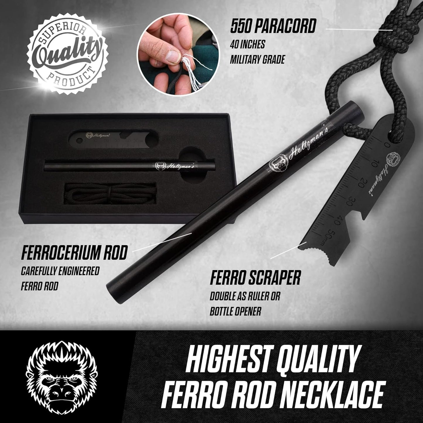 Holtzman's Gorilla Survival Holtzman's Ferro Rod | Fire Starter Heavy Duty 6-Inch x 1/2" Ferrocerium Rod Fire Starter Kit - Survival Magnesium Flint and Steel Set with Paracord & Scraper - Lightweight Emergency Camping Tool