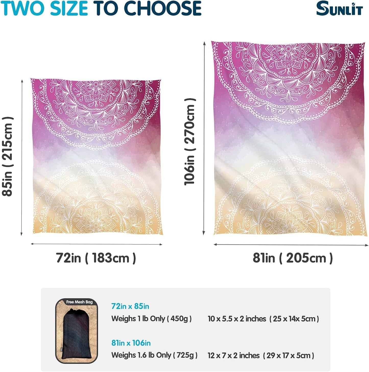 Sunlit Silky Soft Boho Sand Proof Beach Blanket Sand Proof Mat with Corner Pockets and Mesh Bag 6' x 7' for Beach Party, Travel, Camping and Outdoor Music Festival, Orange Purple Mandala