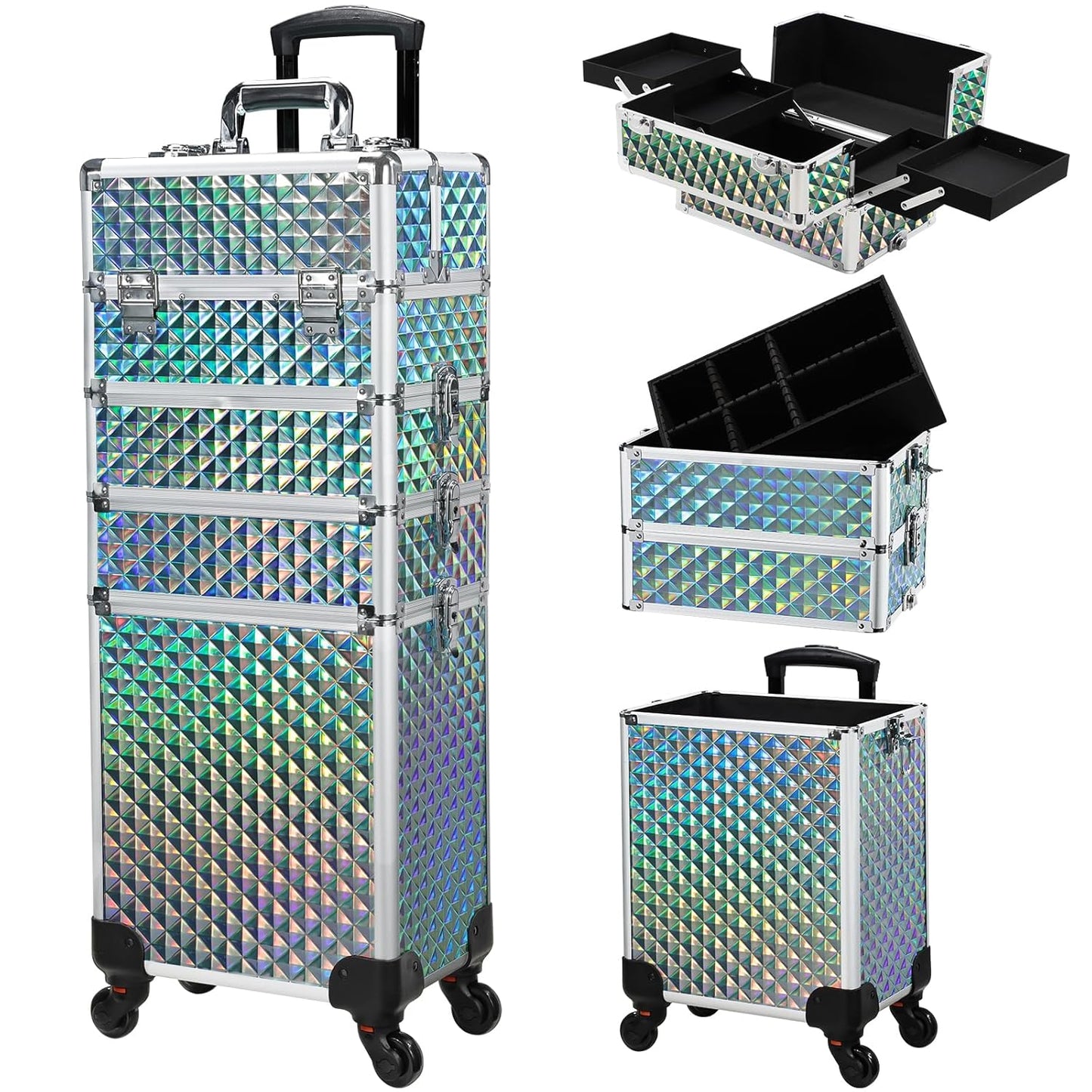 Stagiant Rolling Makeup Case Cosmetology Case on Wheels 4 in 1 Makeup Travel Case Large Cosmetic Organizer Storage with Key Swivel Wheels Nail Artist Salon Traveling Cart Trunk Watery Blue