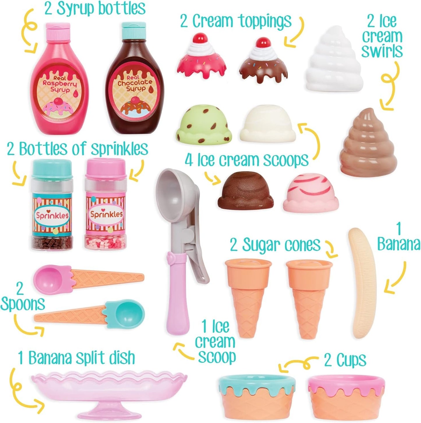 Play Circle by Battat – Sweet Treats Ice Cream Parlour Playset – Sprinkles, Cones, Spoons, Cups - Pretend Play Food Decorating Kit – Toy Frozen Dessert and Accessories for Kids 3 and Up (21 Pieces)