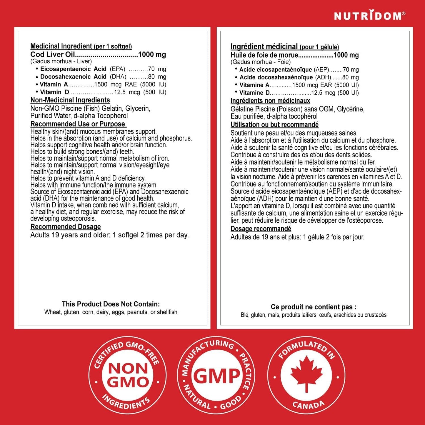 NUTRIDOM Atlantic Cod Liver Oil 1000 mg – 120 Fish Gelatin Softgels – Rich in EPA, DHA, Vitamins A & D – Non-GMO, Gluten-Free, Made in Canada