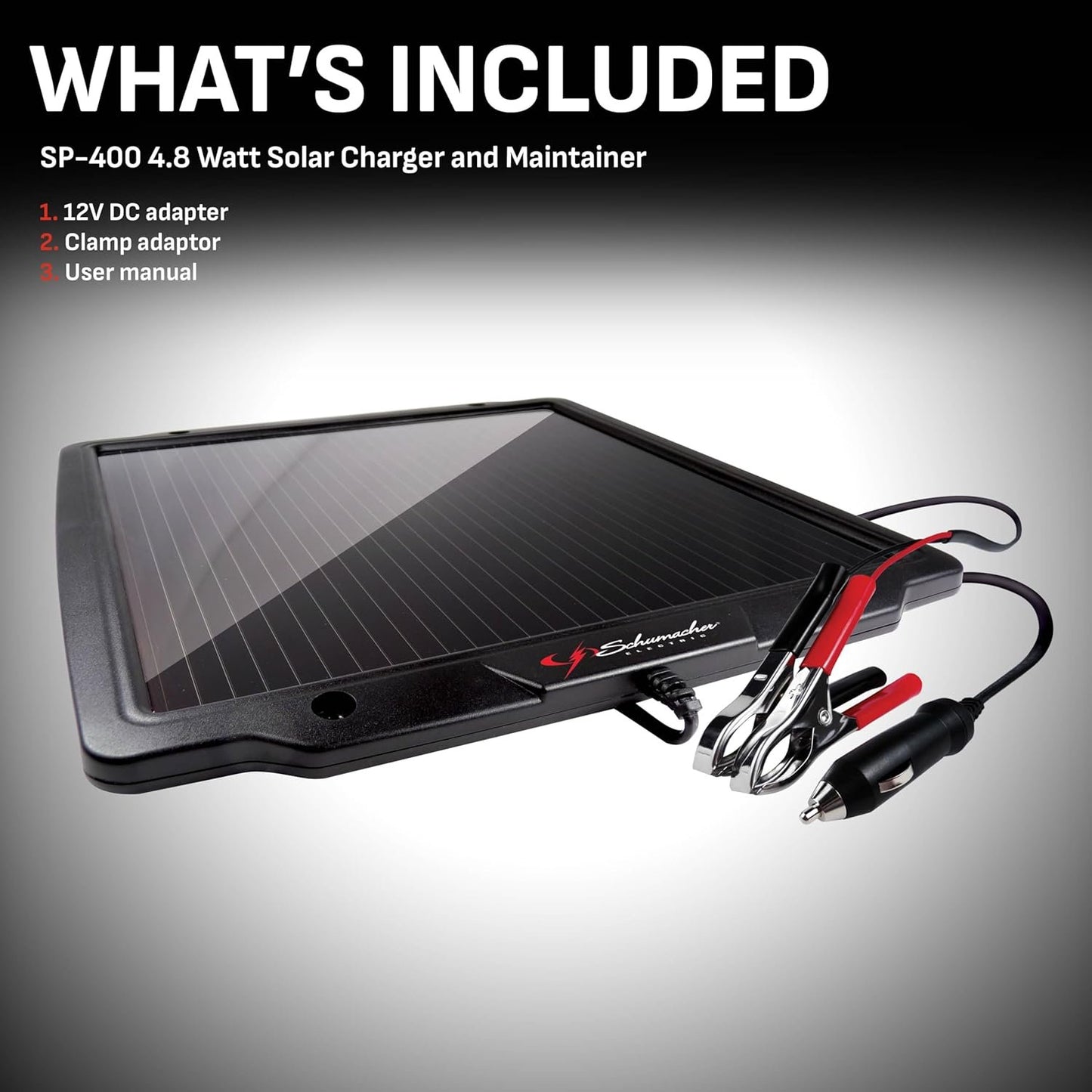 Schumacher SP-400 Solar Battery Charger and Maintainer - 4.8 Watt, 12V - For Cars, Boats, Motorcycles, Snowmobiles, Trucks, RVs , Black