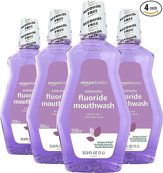 Amazon Basics Anticavity Fluoride Mouthwash, Alcohol Free, Violet Mint, 1 Liter, 33.8 Fluid Ounces, 4-Pack (Previously Solimo)