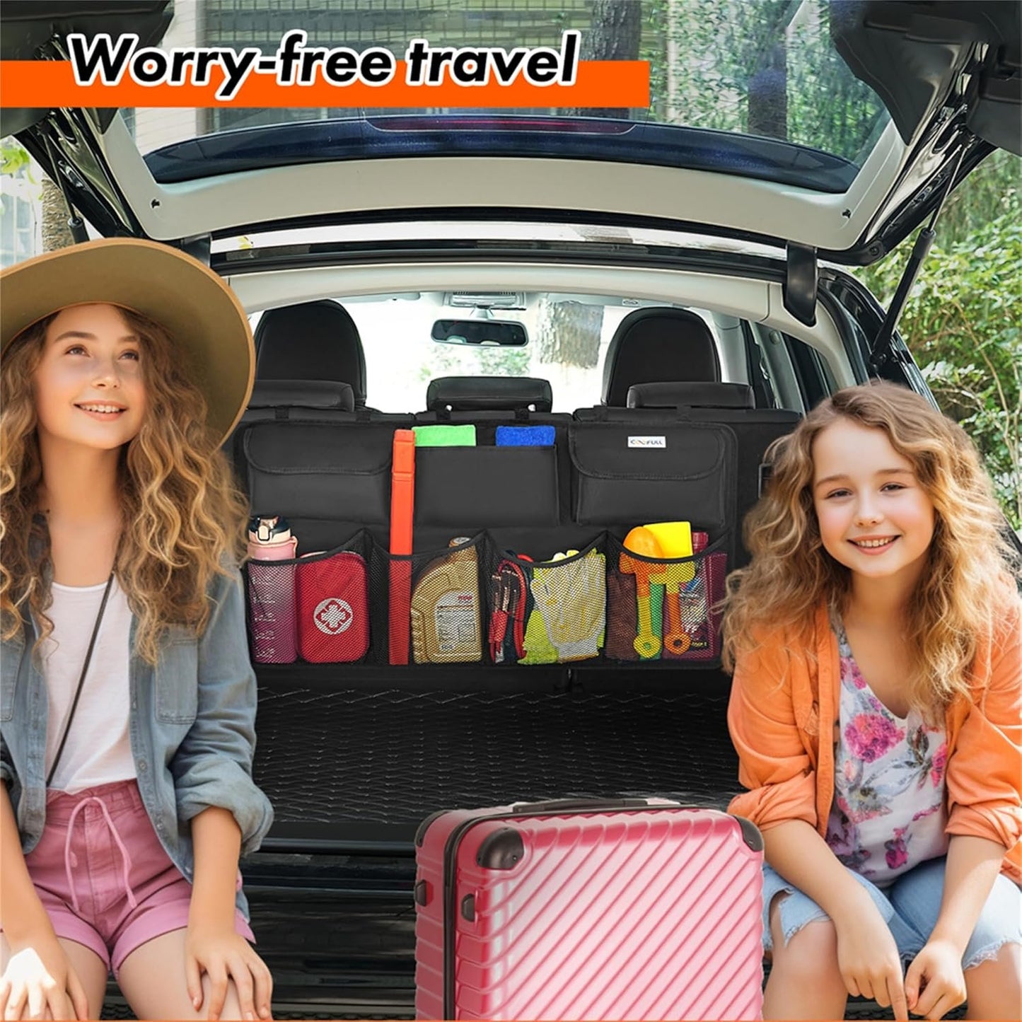 COOFULL Car Trunk Organizer - Car Accessories Interior Super Capacity Vehicle Back Seat Storage Bag, Auto Trunk Tidy Organizers with 7 Enlarged Pockets