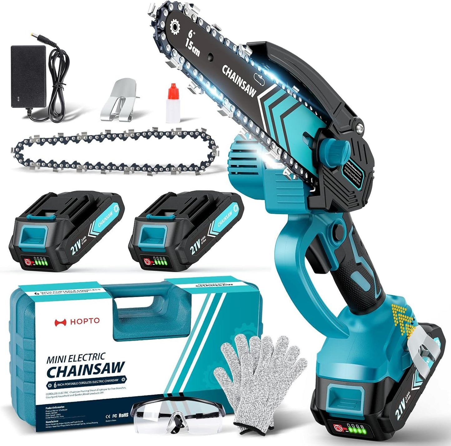 Mini Chainsaw Cordless 6 Inch, Battery Powered Chainsaw with LED Light, Safety Lock, Copper Motor, 21V Rechargeable Battery, Tool-Free Installation for Tree Trimming & Wood Cutting