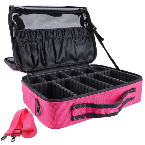 gzcz Professional Travel Makeup Case 13.5 Inches Makeup Bag Cosmetic Brush Organizer Portable Artist Storage Train Bag with Adjustable Dividers for Make Up Accessories(M-Rose Red)