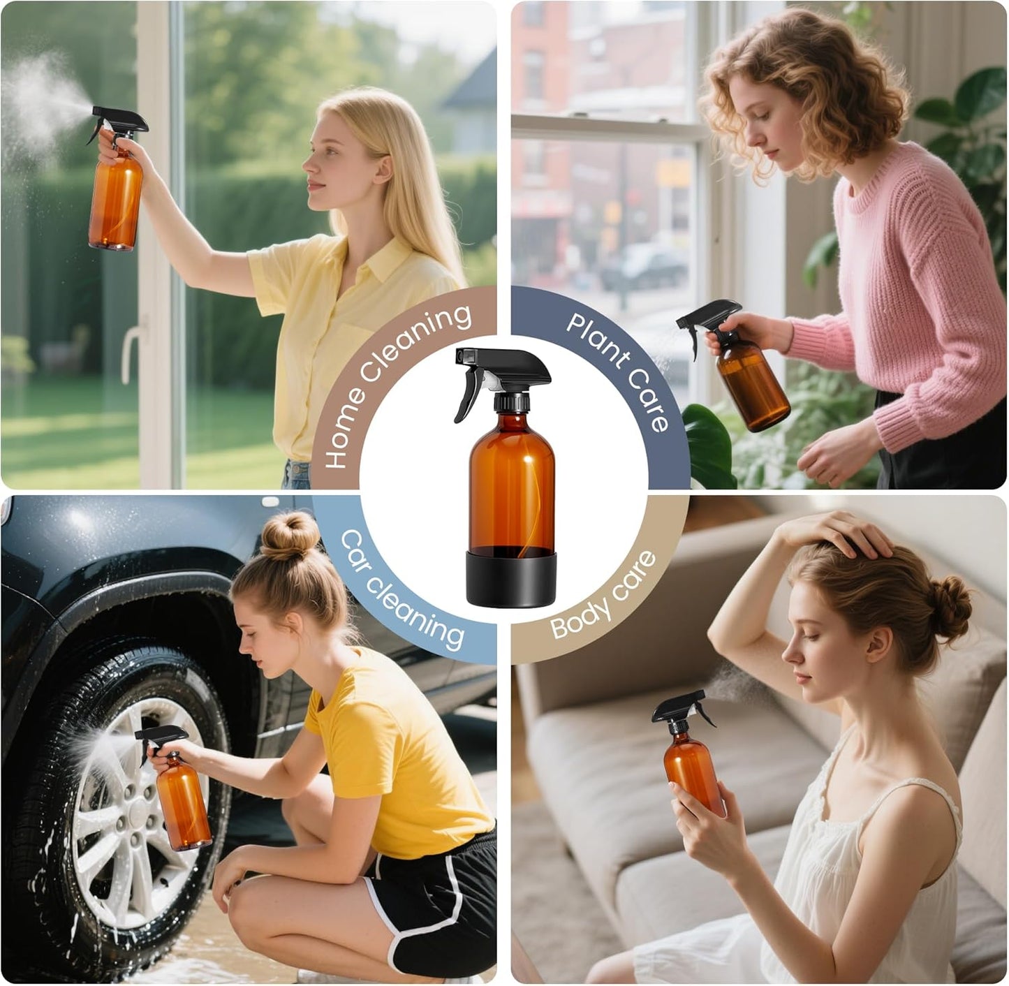 Kuleyng 500ml Amber Glass Spray Bottles – Pack of 4 | Refillable Empty Sprayers with Adjustable Nozzle for Cleaning, Plants, Essential Oils & Hair Care | UV Protection for Sensitive Liquids
