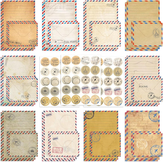 160 Pack Vintage Airmail Stationery Paper and Envelopes Set in 10 Different Designs, 50 One Sided Stationery Lined Writing Papers with 50 Matching Envelopes and 60 Dot Stickers for Writing Letters