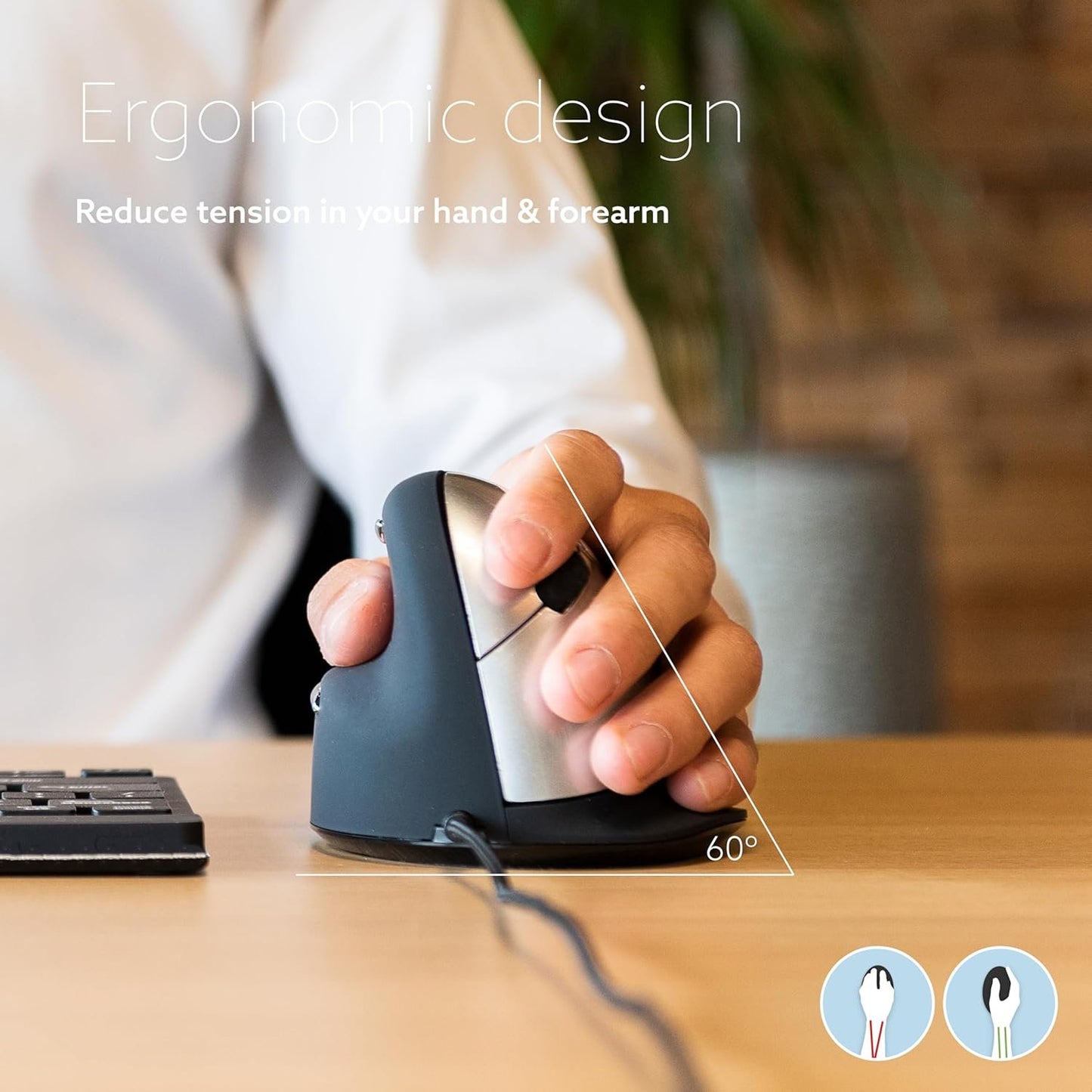 R-Go HE Vertical Ergonomic Mouse, Left Hand, Break Software, Wired, Prevents Tennis Elbow/Mouse Arm RSI, Silent Click, 5 Buttons - Compatible Windows/Mac/Android/Linux, Black/Silver