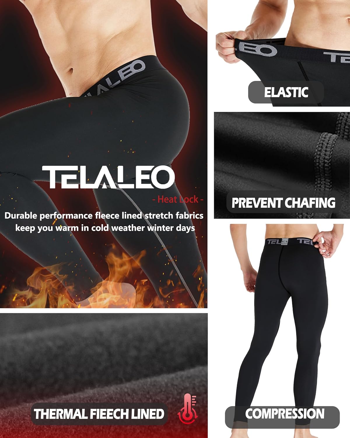 TELALEO 3 Pack Men's Thermal Compression Pants Fleece Lined Sports Tights Athletic Leggings Cold Weather Baselayer Winter Gear
