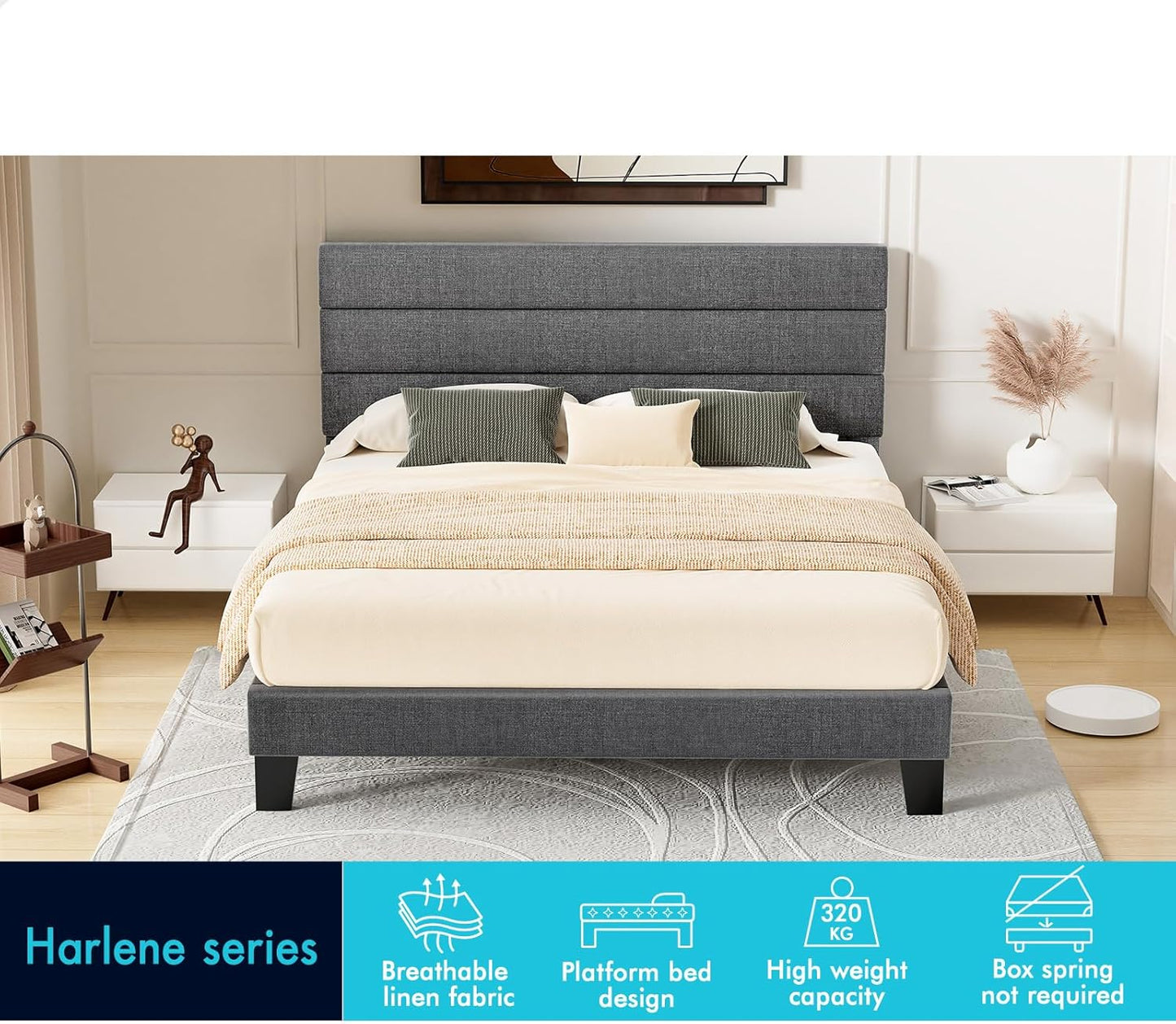ALFORDSON Bed Frame Base Queen Size with Headboard, Bed Platform Foundation with Linen Fabric Upholstered for Mattress Topper, Harlene Series Fabric Grey