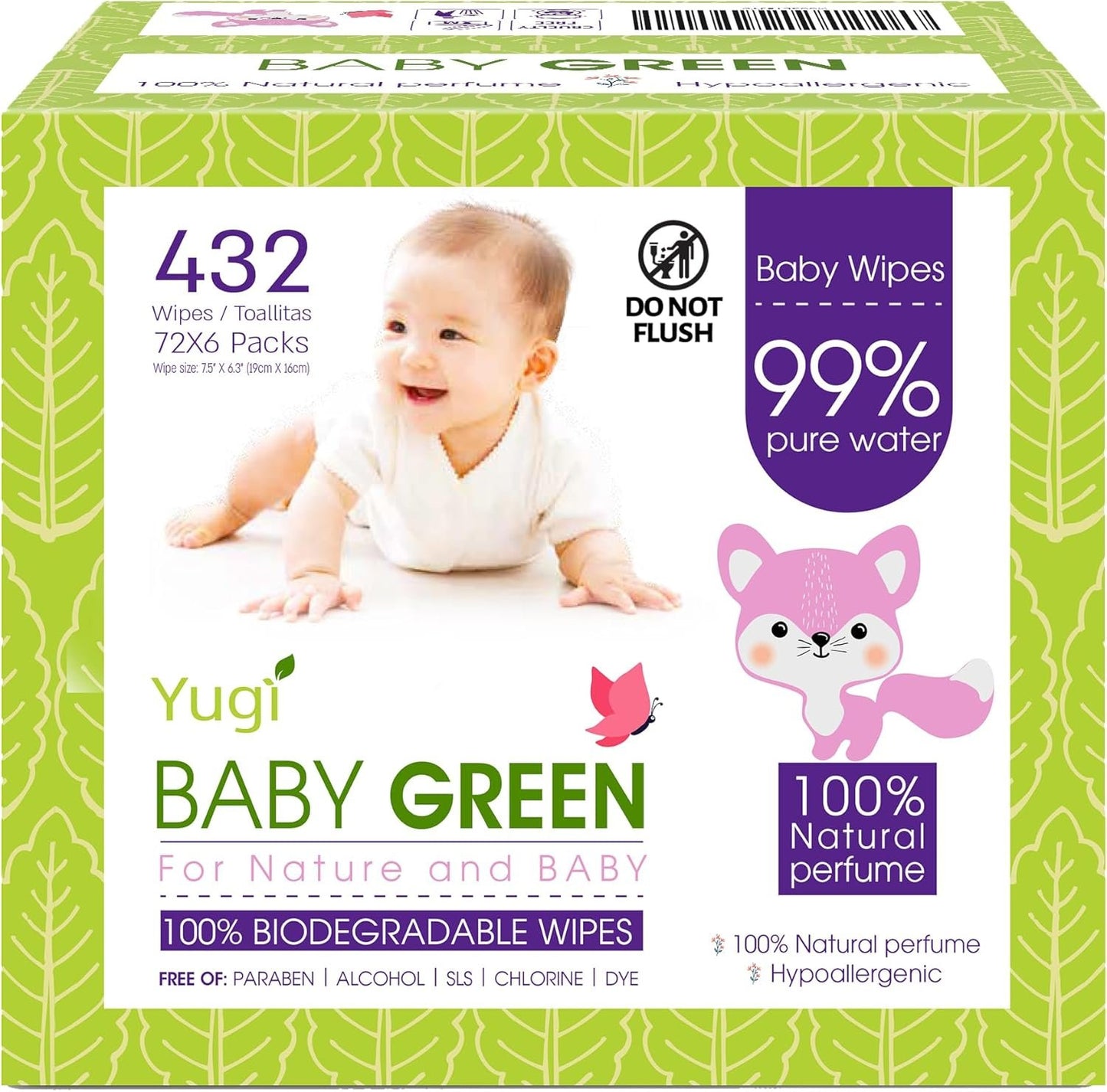Biodegradable Baby Wipes Natural Perfume – Pack (6 Packs of 72) 432 – 99% Pure Water Plastic Free Moist Newborn Diaper Wipes, Wet Wipe for Babies & Adults Sensitive Skin