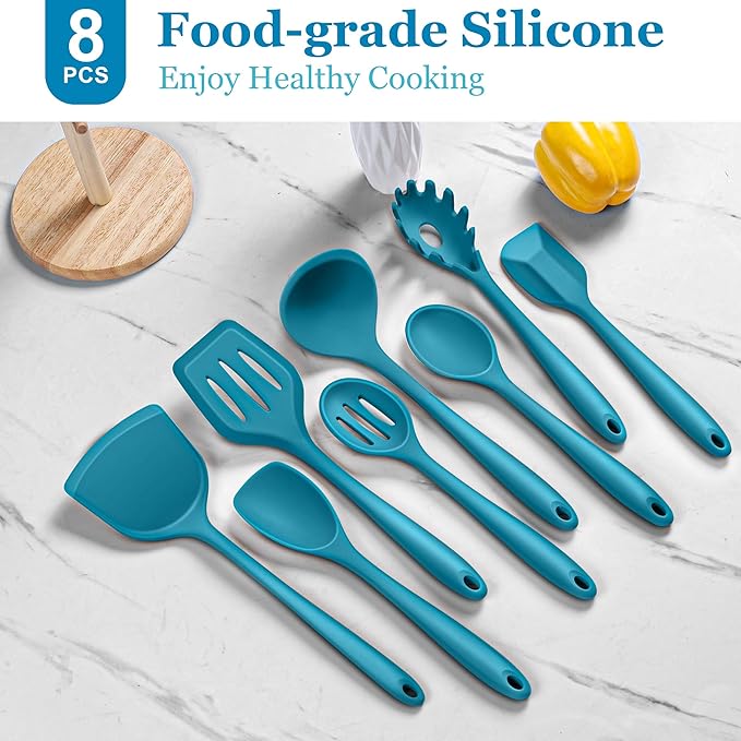 LIANYU 8Pcs Kitchen Utensils Set, Heat Resistant Cooking Utensils, Kitchen Tools Gadgets for Nonstick Cookware, Includes Silicone Spatula, Ladle, Spoon Turner, Dishwasher Safe, Blue