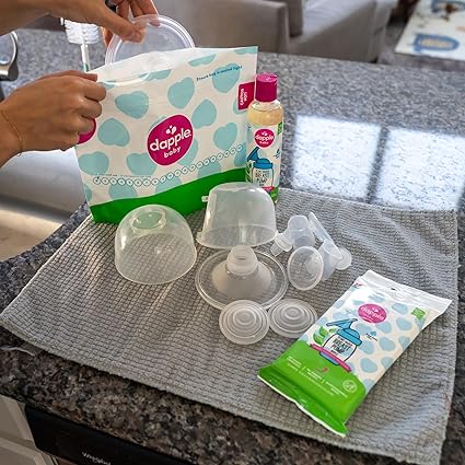 Dapple Breast Pump Cleaning Essentials Gift Set, Hypoallergenic & Powered by Plants, Removes Milk Residue, Leaves No Taste, 25ct Wipes, 8oz Soap 8ct Sterilizer Bags