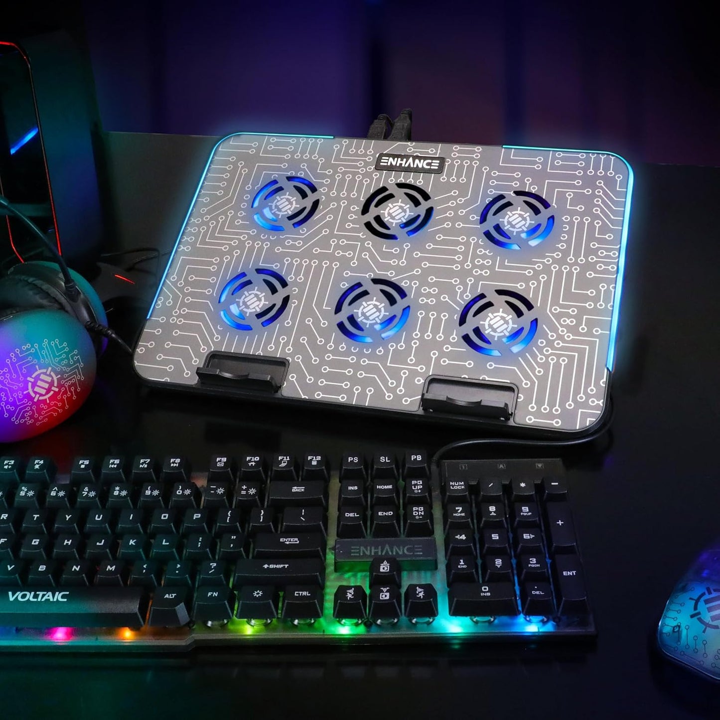 ENHANCE Voltaic 2 Laptop Cooling Stand - Laptop Cooling Pad with 6 Blue LED Fans, 7 Height Settings, RGB Lighting - Laptop Cooling Pad with Metal Surface and Phone Stand for 17 Inch Laptops