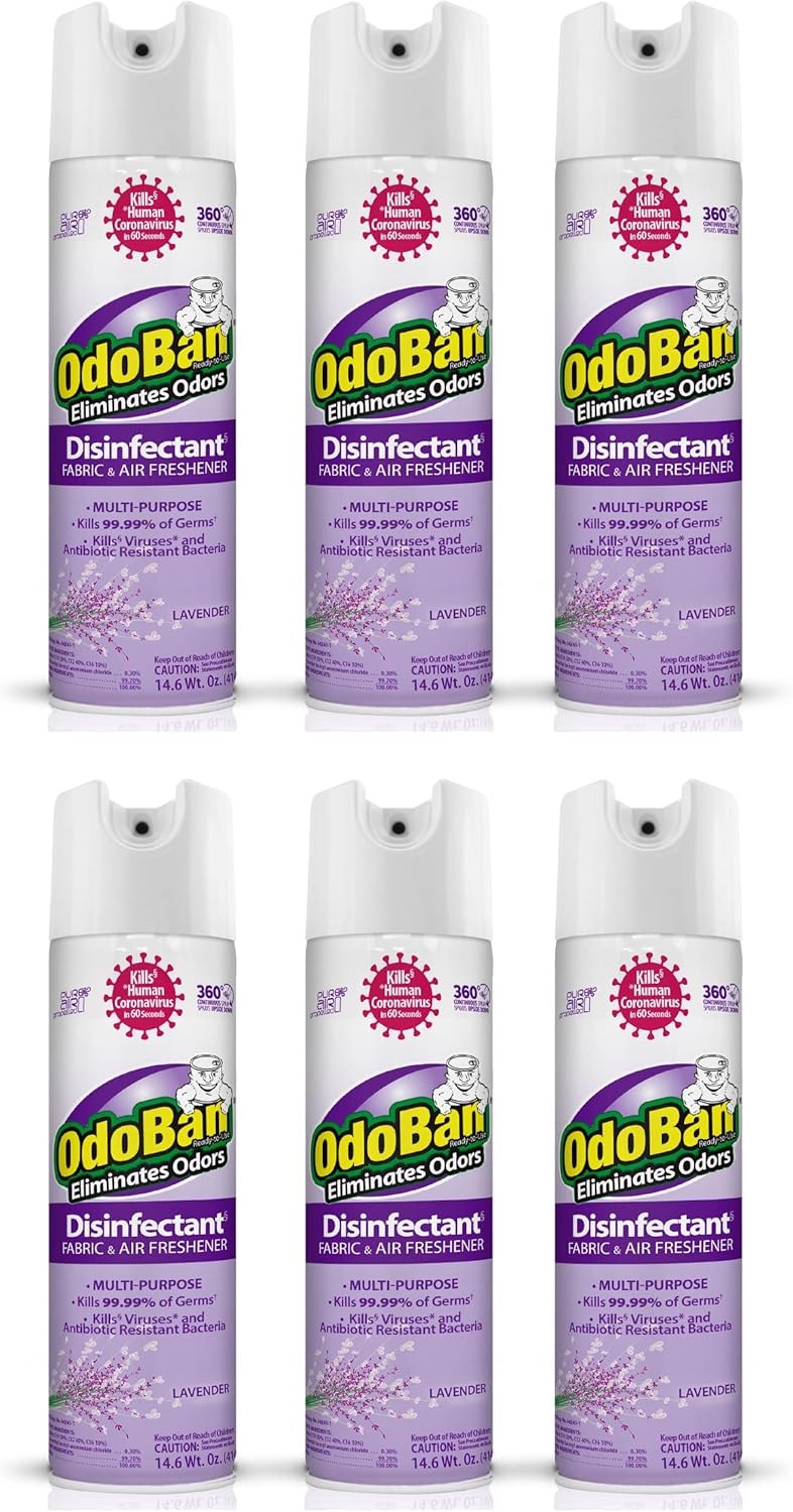 OdoBan Ready-to-Use 360-Degree Continuous Spray Disinfectant and Harsh Aroma Eliminator, Fabric and Air Freshener, 6 Pack, 14.6 Ounces Each, Lavender Scent