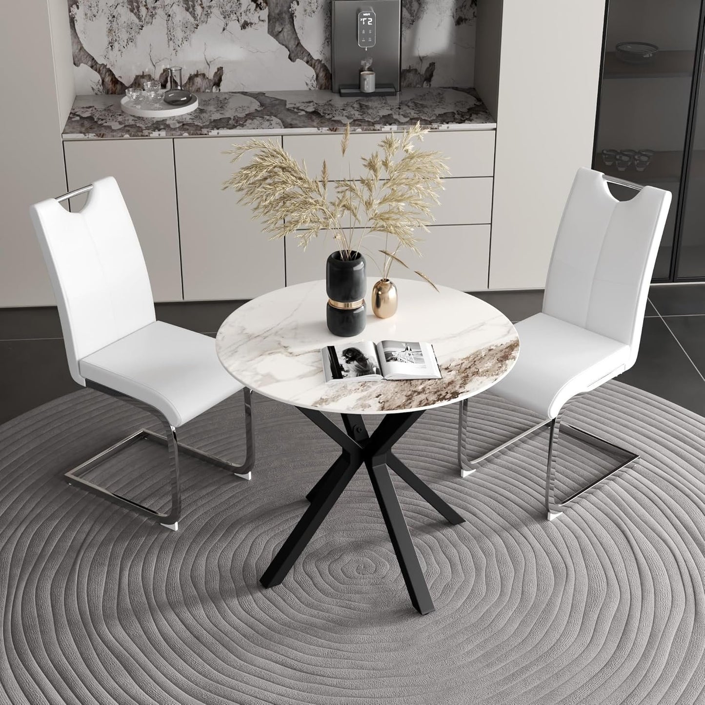 NIERN Round Dining Table, 35.4" Modern White Sintered Stone Table Top Kitchen Table, Dining Room Table with Black Powder Coated Legs for Home Living Room Kitchen