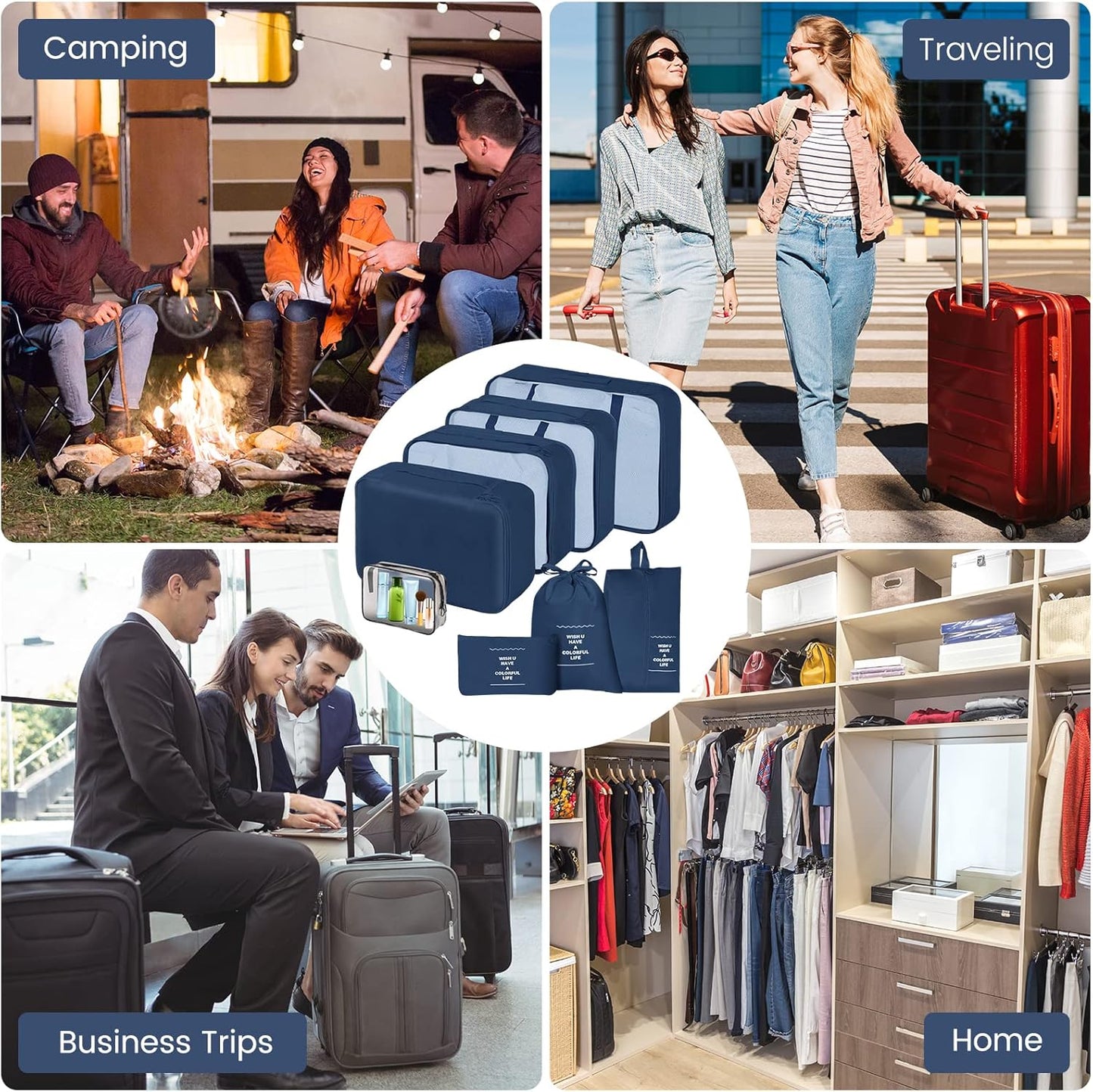 Sarsumir Travel Suitcase Organizer, 8 Pieces Packing Cubes Organizer Suitcase Travel Organizer with Waterproof Bags Toiletry Clothes Shoes, Navy Blue