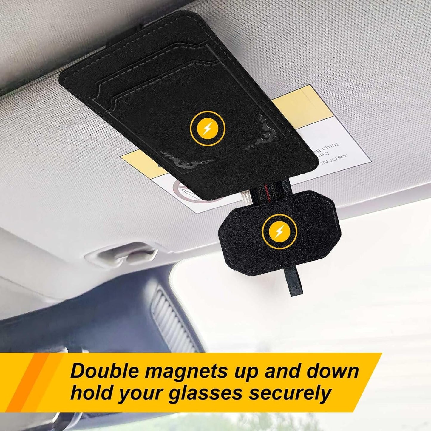 BREENHILL Magnetic Car Visor Sunglasses Holder, Leather Card and Ticket Clip, Interior Accessory,Suitable for Different Size Eyeglasses (Black)