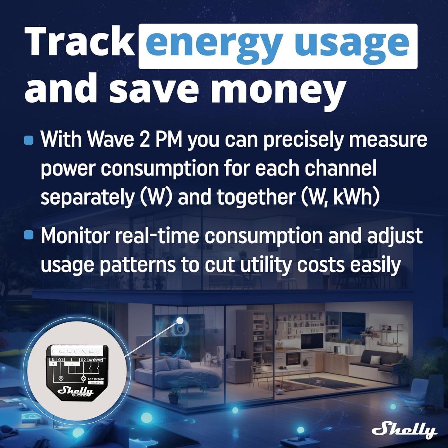 Shelly Qubino Wave 2PM | Z-Wave Smart Switch Relay, 2 Channel 16 A with Current Measurement | Home Automation | Z-Wave Gateway | Low Power Consumption | Repeater Extended Mains | High Compatibility