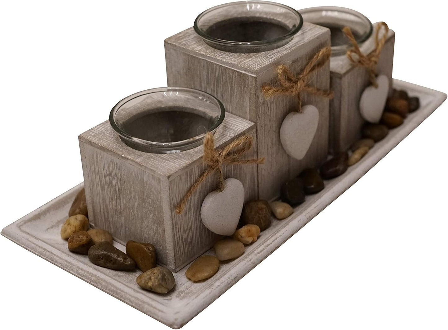 khevga Wooden Candle Tray Grey Black White with Hearts (Light Grey Small)