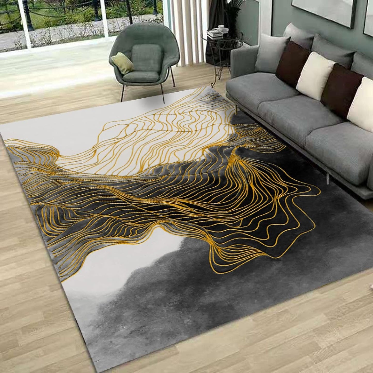 KeletiRug Rectangle Rug Living Room Rugs Non-Slip Washable Modern Carpets Home Decor Abstract Black Ink and Gold Lines of a Great Mountain, 150 x 150 cm