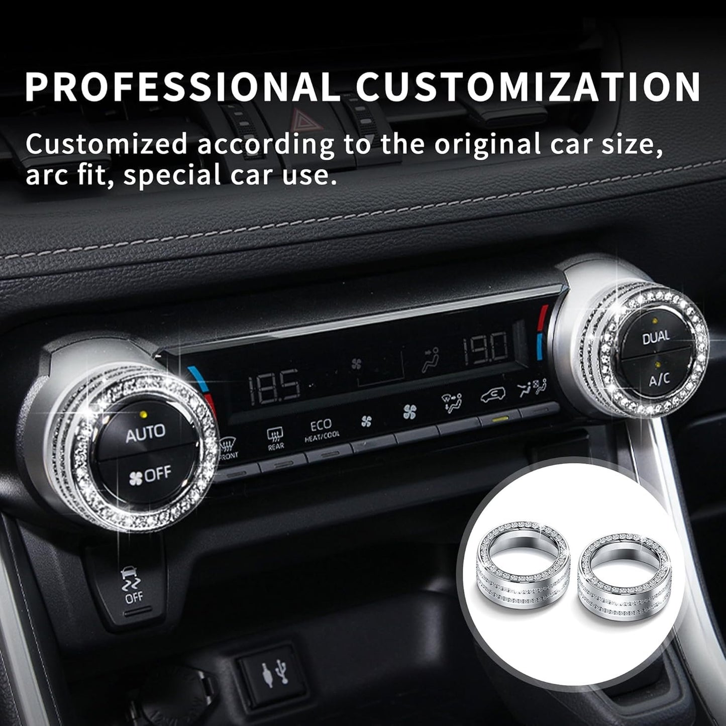 Polodunn Bling Crystal Car Interior Accessories for Toyota Rav4 2025 2024 2023 2022 2021 2020 2019 - Air Conditioner Knob Cover, Push Start Button Trim Rings (4 pcs)