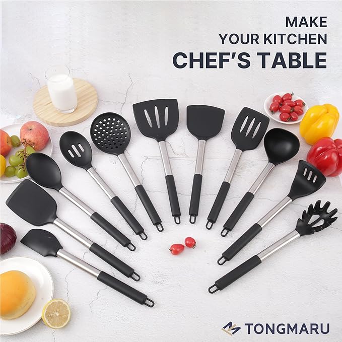Large Silicone Kitchen Cooking Utensils Set, 11 pcs Cooking Utensils, Kitchen Tools Gadgets for Nonstick Cookware, Spatula, Turner, Masher, Ladle, Strainer, Server, BPA FREE, Dishwasher Safe (Black)