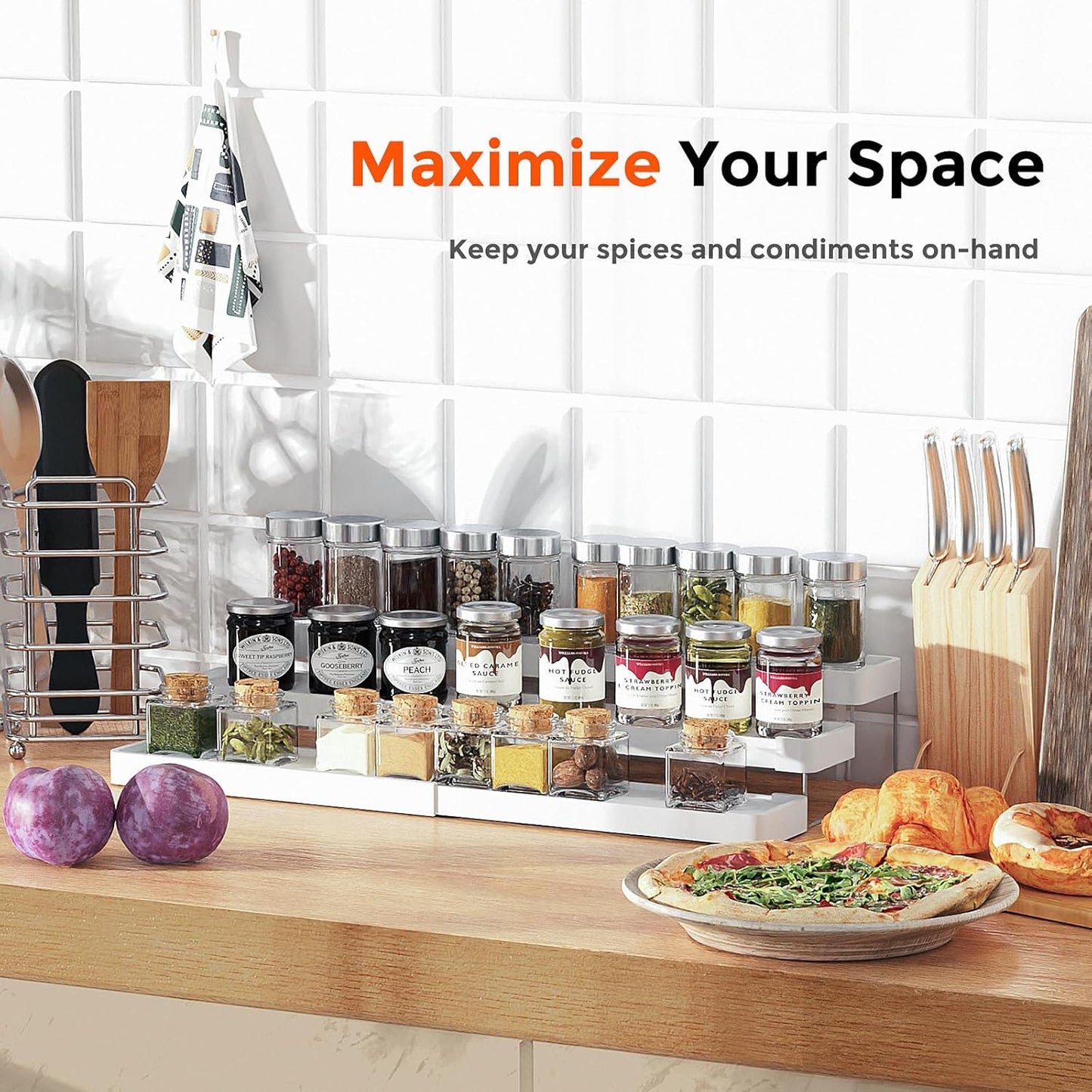 2 Pack Expandable Spice Rack Organizer for Cabinet - 3 Tier Adjustable Cabinet Spice Organizer Easy Visibility - Spice Organizer for Cabinet Countertop Cupboard Pantry Organization (White)
